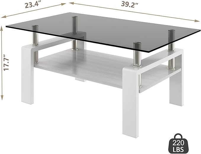 Glass Coffee Table Rectangle Living Room Center Table, with Gray Tempered Glass Tabletop and White MDF Layer,for Living Room and Office, Gray+White