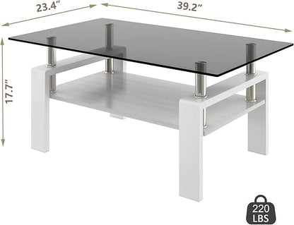 Glass Coffee Table Rectangle Living Room Center Table, with Gray Tempered Glass Tabletop and White MDF Layer,for Living Room and Office, Gray+White