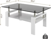 Glass Coffee Table Rectangle Living Room Center Table, with Gray Tempered Glass Tabletop and White MDF Layer,for Living Room and Office, Gray+White