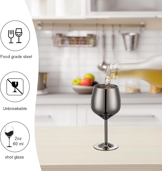 2 oz Shot Glasses, Stainless Steel Shot Glasses, Mini Wine Glass Perfect for Tasting Brandy,Suitable for family dinner party, party supplies, bar tools, gifts(set of 2) (Black)