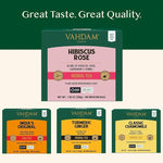 Load image into Gallery viewer, VAHDAM, Hibiscus Rose Tea Bags - 100% Whole Hibiscus Flowers Herbal Tea Bags (100 Count) With Rose, Chamomile &amp; Exotic Spices | Caffeine Free, Floral Flavor Tisane | Resealable Ziplock Pouch