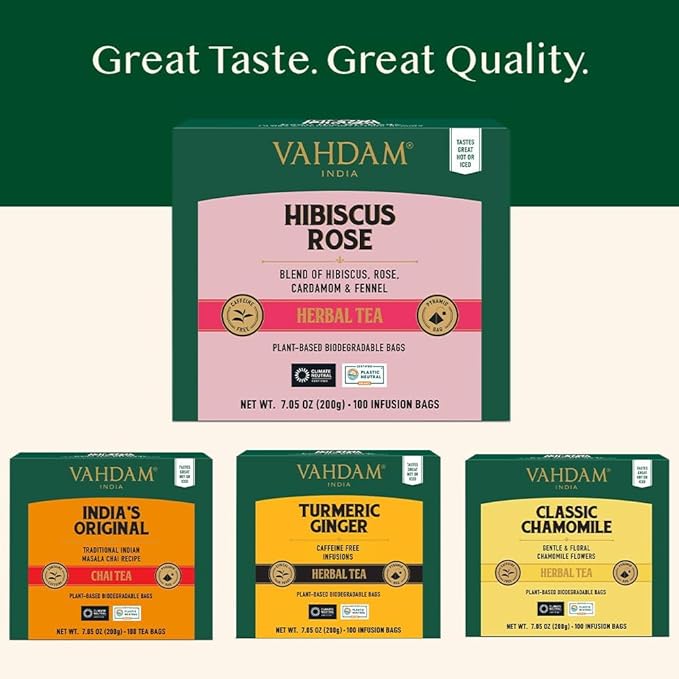 VAHDAM, Hibiscus Rose Tea Bags - 100% Whole Hibiscus Flowers Herbal Tea Bags (100 Count) With Rose, Chamomile & Exotic Spices | Caffeine Free, Floral Flavor Tisane | Resealable Ziplock Pouch
