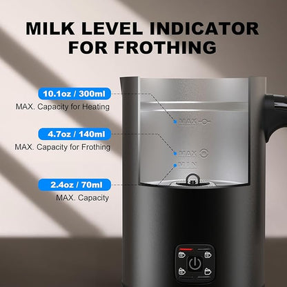 Electric Milk Frother, 4-in-1 Electric Milk Steamer,10 oz/300 ML Automatic Cold And Warm Foam Maker For Coffee,Latte,Cappuccino,Macciato, Hot chocolate,Non-Stick Coating,Easy Clean,Black