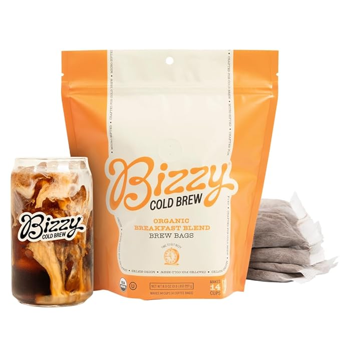 Bizzy Organic Cold Brew Coffee | Breakfast Blend | Coarse Ground Coffee | Medium-Light Roast | Micro Sifted | Specialty Grade | 100% Arabica | Brew Bags | 4 Count | Makes 14 Cups