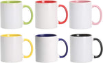 Load image into Gallery viewer, 11oz White Ceramic Sublimation Coffee Mug With Solid Colors Inside and Handle， Mixed 6 Colors of Black, Red, Blue, Yellow, Green and Pink, Case of 6