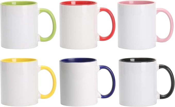 11oz White Ceramic Sublimation Coffee Mug With Solid Colors Inside and Handle， Mixed 6 Colors of Black, Red, Blue, Yellow, Green and Pink, Case of 6
