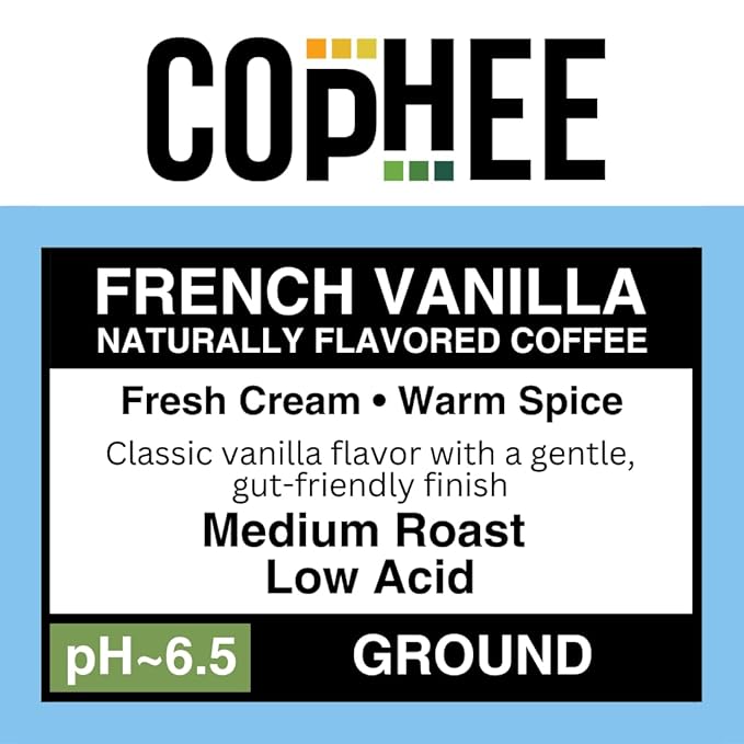 Low Acid Coffee – French Vanilla – Ground Medium Roast – Smooth Non-GMO Arabica Coffee – Electrolyte Infused for Sensitive Stomachs, Acid Reflux, and Heartburn ~pH 6.5 – 12 oz bag by COpHEE
