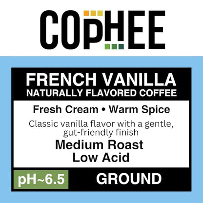 Low Acid Coffee – French Vanilla – Ground Medium Roast – Smooth Non-GMO Arabica Coffee – Electrolyte Infused for Sensitive Stomachs, Acid Reflux, and Heartburn ~pH 6.5 – 12 oz bag by COpHEE