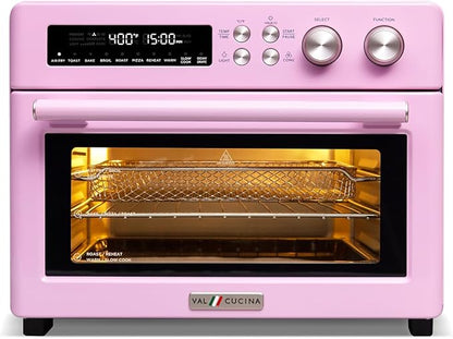 Retro Style Infrared Heating Air Fryer Toaster Oven, Extra Large Countertop Convection Oven 10-in-1 Combo, 6-Slice Toast, Enamel Baking Pan Easy Clean with Recipe Book, Classic Pink Color