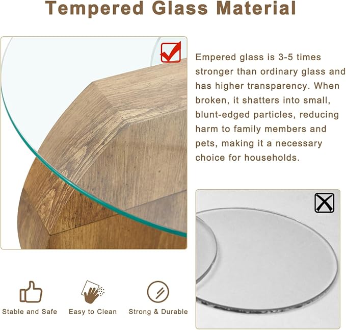 35 Inch Glass Coffee Table，Round Coffee Table with 2-Tier Tempered Glass Tabletop，Easy to Clean Circle Coffee Table with Sturdy Base for Living Room，Office （Brown & White Marble Colored Base）