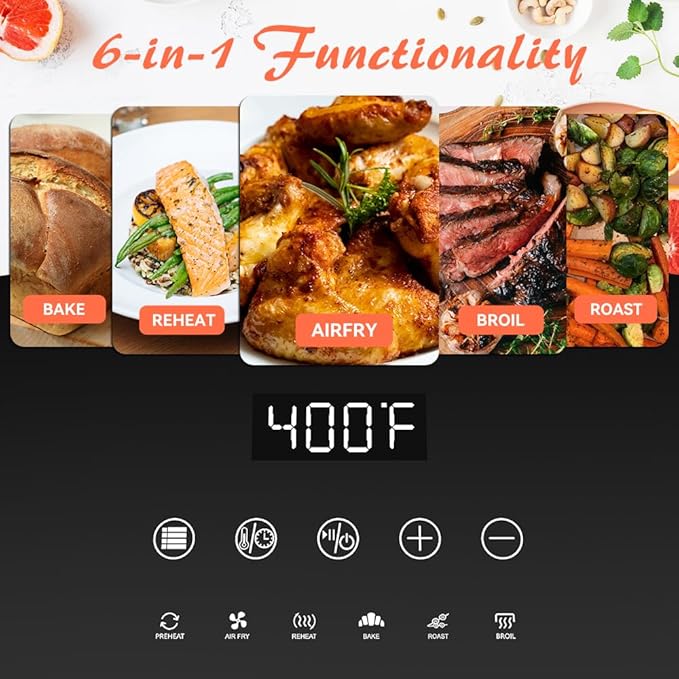 ASZ Digital Air Fryer 6 qt with Window Up - Big Airfryer 6 Presets Preheat Airfry Reheat Bake Roist Broil 400°F Airfrier 85% Oil Less,Nonstick Dishwasher-Safe Parts, Automatic Shutoff