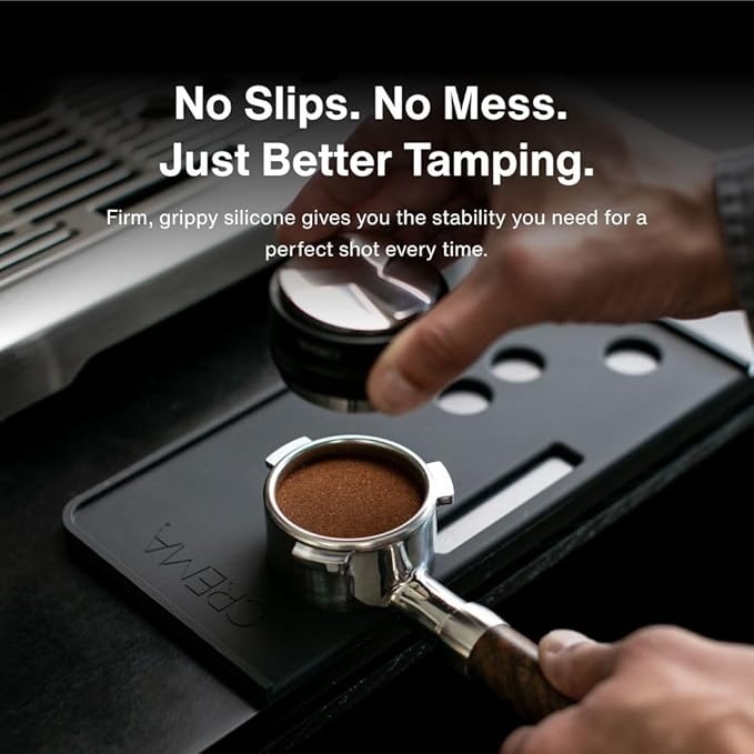 Crema Coffee Products Tamping Mat for Impress | Non-Slip Silicone Protection for Countertops & Portafilters | Precision Fit with Drip Tray & Vent Holes | Easy to Clean, Durable Espresso Tamping Pad