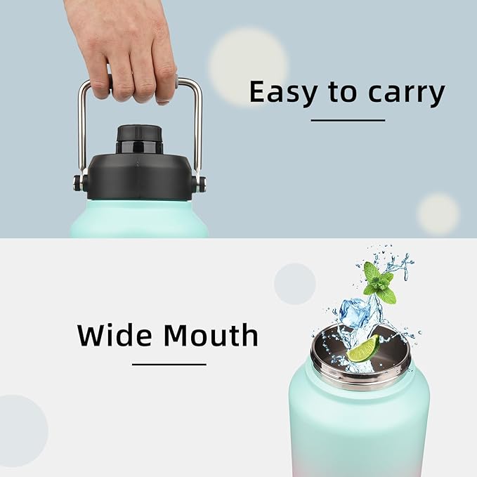 Half Gallon Jug with Handle,64 oz Insulated Water Bottle with Carrying Pouch,Double Wall Vacuum Stainless Steel Metal Bottle,Gum