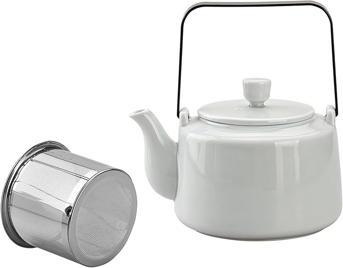 Antique Ceramic Teapot Coffee Pot with Infuser, 400ml (1-2 cups) Small Porcelain Tea Pots for Loose Leaf Tea, with Removable Stainless Steel Strainer and Lid for Gift (Light Cyan(Handle))