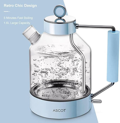 Electric Kettle, ASCOT Glass Electric Tea Kettle 1.5L 1500W Retro Tea Heater & Hot Water Boiler, No Plastic, BPA-Free, Cordless, with Auto Shut-Off and Boil-Dry Protection (Blue)