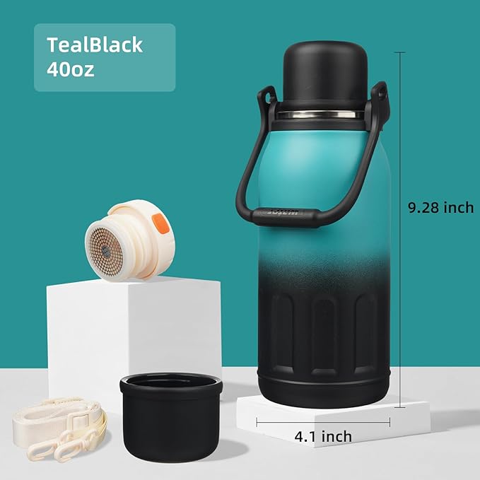 Insulated Water Bottle with Handle and Strap,Vacuum Travel Tumbler with Cup Lid,Thermo Coffee Cup for Hot Cold Drinks 40 OZ,TealBlack