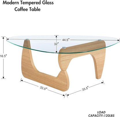 Modern Triangle Coffee Table, 44.5'x32'x16.5', Transparent Glass Top, Walnut Base