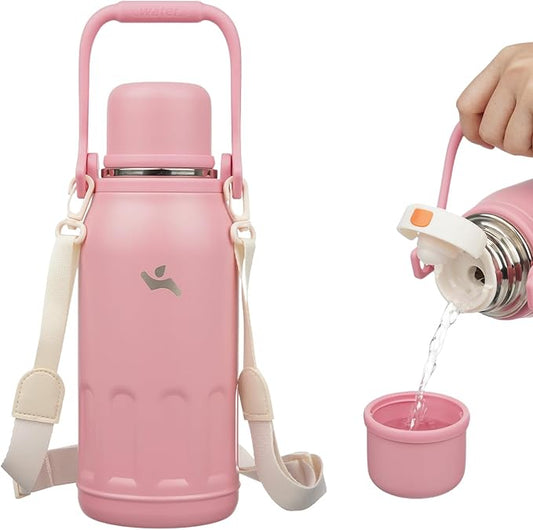 Insulated Water Bottle with Handle and Strap,Vacuum Travel Tumbler with Cup Lid,Thermo Coffee Cup for Hot Cold Drinks 40 OZ,Pink