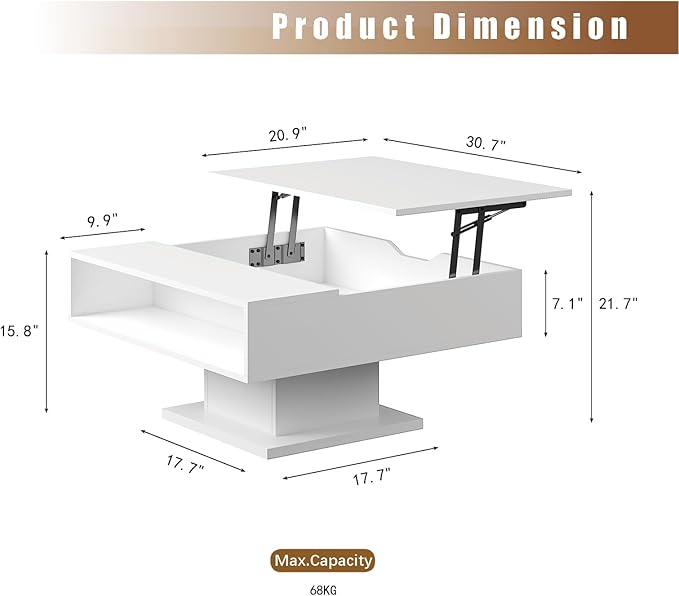 White 30.7" Lift Top Coffee Table with Storage, Square Led Coffee Table with Large Hidden Storage, Wood Living Room Table Led Center Table for Dining Reception Room