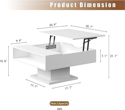 White 30.7" Lift Top Coffee Table with Storage, Square Led Coffee Table with Large Hidden Storage, Wood Living Room Table Led Center Table for Dining Reception Room