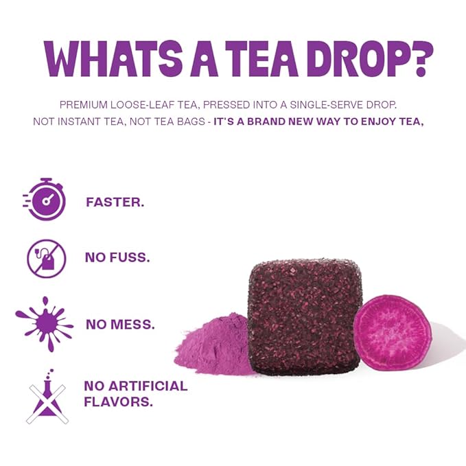 Tea Drops 30 Bulk Pack Organic Ube Bagless Tea - Loose Leaf, Lightly Sweetened, On-The-Go. Plastic-Free - Iced or Hot