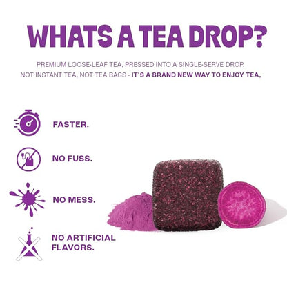 Tea Drops 30 Bulk Pack Organic Ube Bagless Tea - Loose Leaf, Lightly Sweetened, On-The-Go. Plastic-Free - Iced or Hot