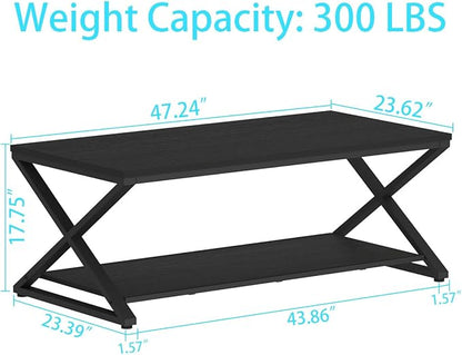 HSH Black Coffee Table Modern, 47 Inch Simple Rectangle Cocktail Table with Storage Display Shelf, 2 Tier Minimalist Industrial Wooden and Metal Center Tea Table for Living Room Office, Black Oak