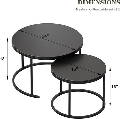 Round Nesting Coffee Table, Black Modern Decorative Coffee Center Table Set of 2,Round Sintered Stone 24'' Coffee Table for Living Room with Sturdy Metal Frame.