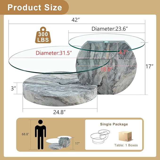 42 Inch Glass Coffee Table，Round Coffee Table with 2-Tier Tempered Glass Tabletop，Easy to Clean Circle Coffee Table with Sturdy Base for Living Room，Office (Light Gray Marble Colored Base