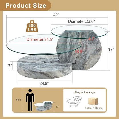 42 Inch Glass Coffee Table，Round Coffee Table with 2-Tier Tempered Glass Tabletop，Easy to Clean Circle Coffee Table with Sturdy Base for Living Room，Office (Light Gray Marble Colored Base