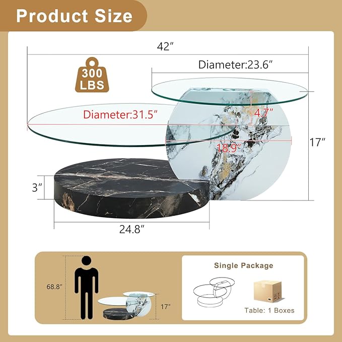 42 Inch Glass Coffee Table，Round Coffee Table with 2-Tier Tempered Glass Tabletop，Easy to Clean Circle Coffee Table with Sturdy Base for Living Room，Office (White & Black Marble Colored Base)