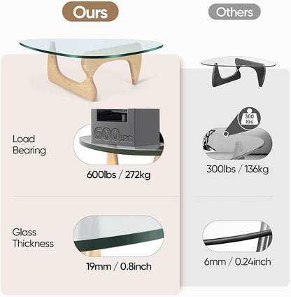 Noguchi Triangle Glass Coffee Table with Solid Wood Base, Vintage Clear Glass Top Modern Design for Living Room, Patio, Study, White Ash