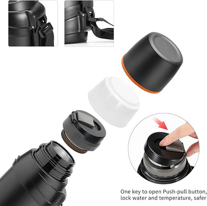 Large Thermosflask- 64oz Stainless Steel Insulated Bottle for Travel with BPA Free Cup - 2.0L Oversized Vacuum Insulated Thermoses with Handle and Strap for Hot & Cold Drinks(Black)