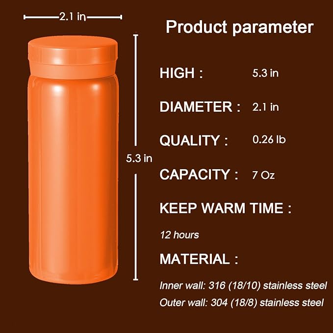 Mini Thermos Cute Water Bottle - 7 oz Tiny Insulated Vacuum 18/10 Stainless Steel Small Flask - Leak Proof & Spill Proof & Keeps Cold and Hot for Drink, Coffee, Tea - Orange