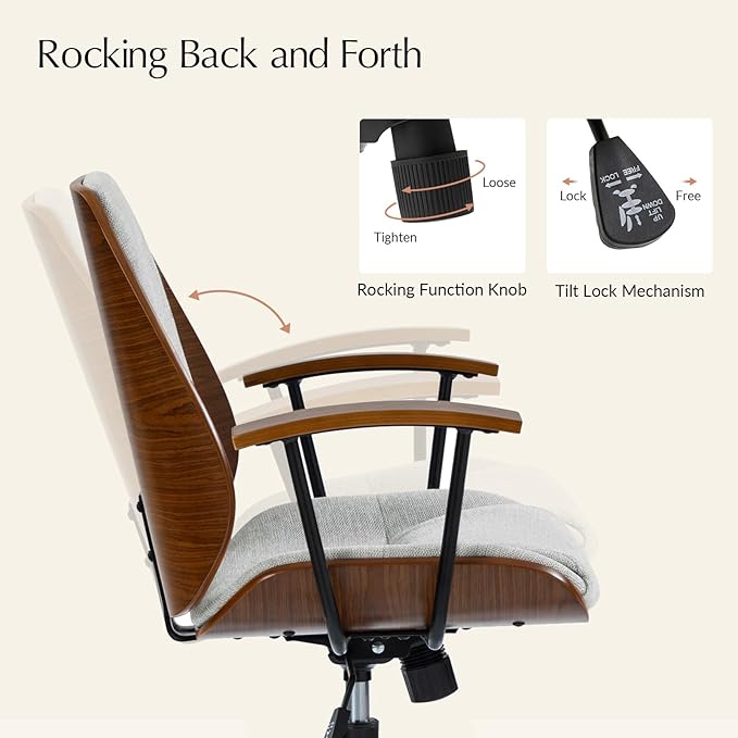 HULALA HOME Solid Wood Office Chair with Rocking Function, Comfy Fabric Desk Chair with Bent Wood and Metal Base, Height Adjustable Swivel Computer Task Chair, Grey