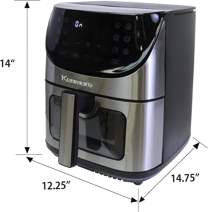 Kenmore 8 Quart Air Fryer - Aerogrill, Non-Stick Frying Basket, French Fry, Digital Touch Screen, 12 Presets, Freidora Eléctrica, Countertop Cooking Kitchen Appliance, Stainless Steel, Black