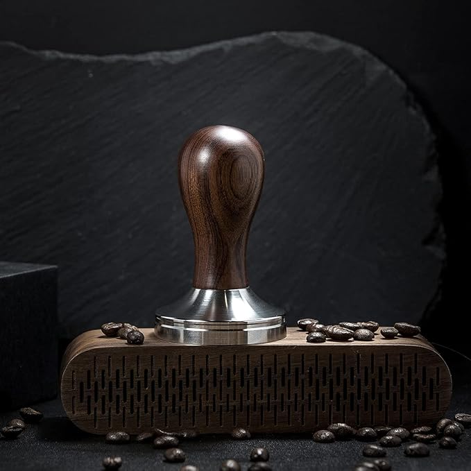 Coffee Tamper Espresso Press with Tamper Mat 304 Stainless Steel Flat Base Wooden Handle for Coffee Grounds Barista Espresso Machines Accessory (58MM)