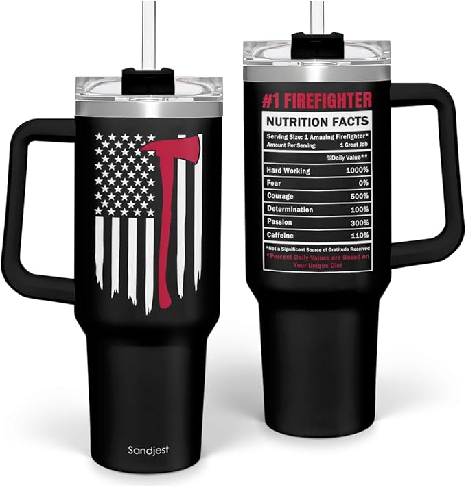 SANDJEST Firefighter Gifts for Men, 40oz Stainless Steel Insulated Coffee Tumbler with Lid & Straw, Travel Mug Cup Gift for Fireman Dad, Christmas Birthday
