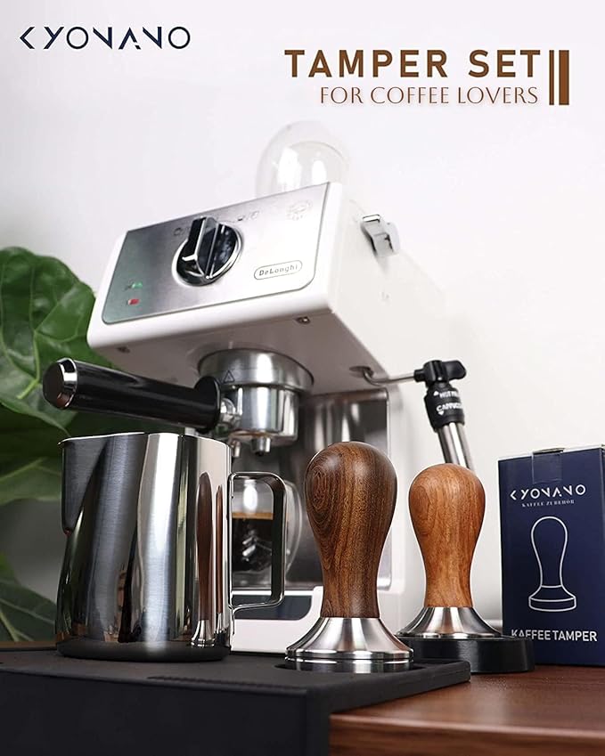 KYONANO Espresso Tamper 51mm - Coffee Tamper with Dalbergia Odorifera Handle - Espresso Press Hand Tamp PLUS Free Milk Frothing Pitcher 12oz/350ml, Silicone Tamper Mat - Fits 51mm Delonghi Portafilter
