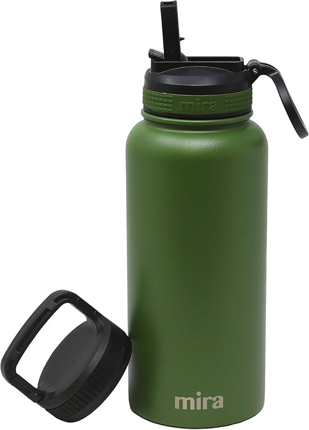 MIRA 32 oz Insulated Water Bottle - Stainless Steel Sports Flask with 2 Lids (Straw & Handle) - Cold Drink Thermo - Olive Green