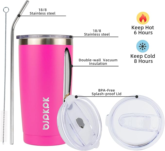 BJPKPK 20oz Stainless Steel Tumbler with Lid, Double Wall Vacuum Coffee Cup, Travel Mug for Ice Drink and Hot Beverage, Insulation Travel Tumbler Cup with Straws,Pink