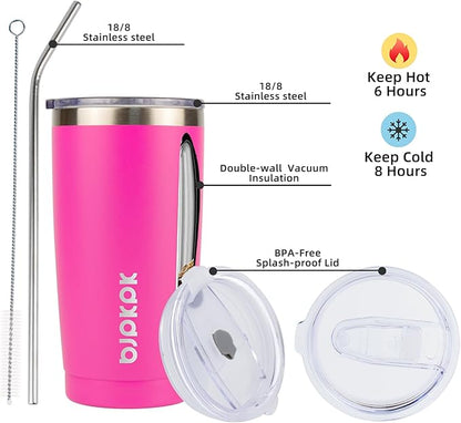 BJPKPK 20oz Stainless Steel Tumbler with Lid, Double Wall Vacuum Coffee Cup, Travel Mug for Ice Drink and Hot Beverage, Insulation Travel Tumbler Cup with Straws,Pink