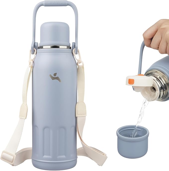 Insulated Water Bottle with Handle and Strap,Vacuum Travel Tumbler with Cup Lid,Thermo Coffee Cup for Hot Cold Drinks 50 OZ,Blue Haze