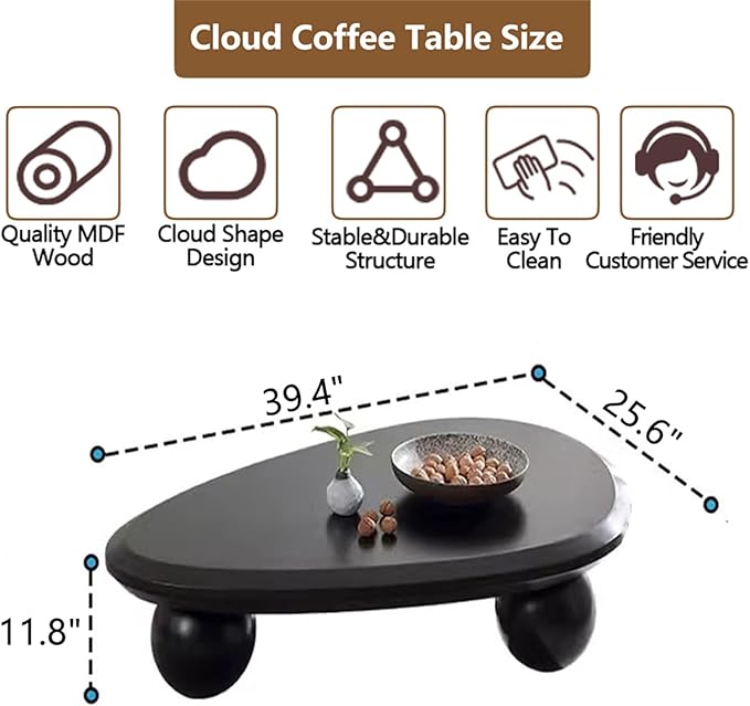 Cloud Coffee Table Modern Cute Coffee Tables Irregular Simple Tea/Center Table for Small Space End Table for Living Room, Home Office, Indoor (Black A Oval 39.4" Wx25.6 Dx11.8 H)