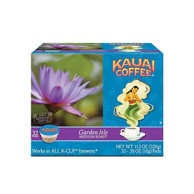 Kauai Coffee Pods Compatible with K-Cup Pods for Keurig Brewers – 20% Hawaiian Arabica – Medium Roast, Rich, Smooth, No Bitterness – Garden Isle, 1 Pack of 32 Single Serve Cups