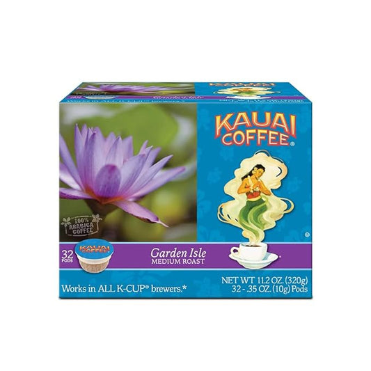 Kauai Coffee Pods Compatible with K-Cup Pods for Keurig Brewers – 20% Hawaiian Arabica – Medium Roast, Rich, Smooth, No Bitterness – Garden Isle, 1 Pack of 32 Single Serve Cups