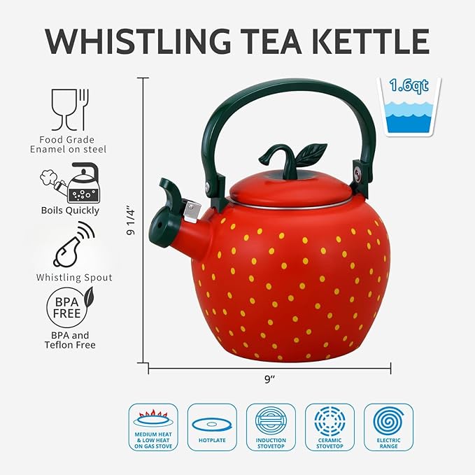 Whistling Tea Kettle for Stove Top Enamel on Steel Teakettle, Supreme Housewares Strawberry Design Teapot Water Kettle Cute Kitchen Accessories Teteras (2.3 Quart, Strawberry)