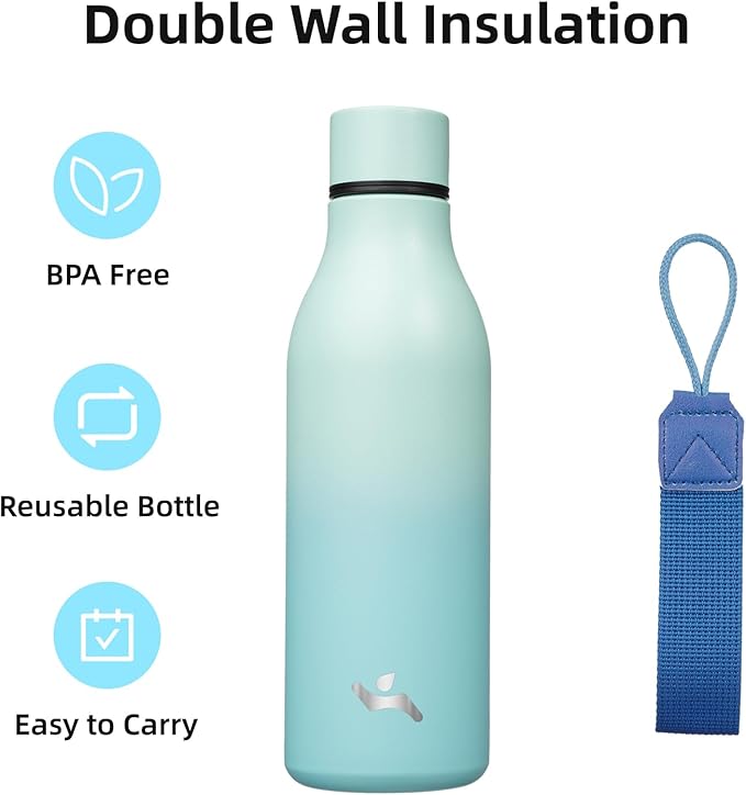 Insulated Water Bottle with Strap,18 oz Double Wall Stainless Steel Vacuum Bottles Metal Water Flask,Mint