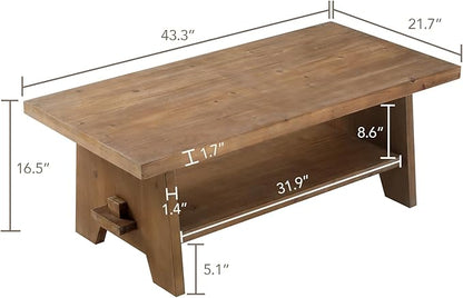 Farmhouse Wood Coffee Table - 43.4” Mid Century Modern Wooden Coffee Tables for Living Room, Solid Firwood Tabletop Rectangle Coffee Table, Center Table for Living Room, Brown