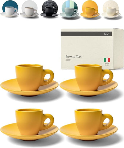 KIVY Espresso Cups Set of 4 [Set 4x 3oz]- Espresso Set Thick Walled Stoneware Espresso Cup Set - Italian Style Espresso Cups and Saucers - Espresso Mugs - Demitasse Cups and Saucers Sets - Yellow